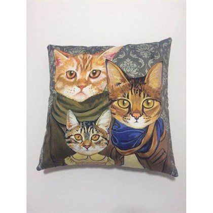 Dekoratif Baskılı Kırlent Kılıfı-Kedi Ailesi Desenli